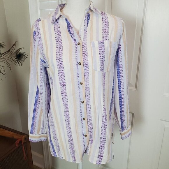 Chico's Button Up Shirt Size 0 US Small Lightweight White Blue Tan Stripes Coast - Picture 2 of 13